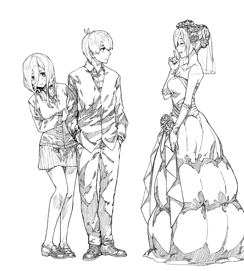 1boy, 2girls, bare_shoulders, breasts, bridal_veil, bride, cardigan, closed_eyes