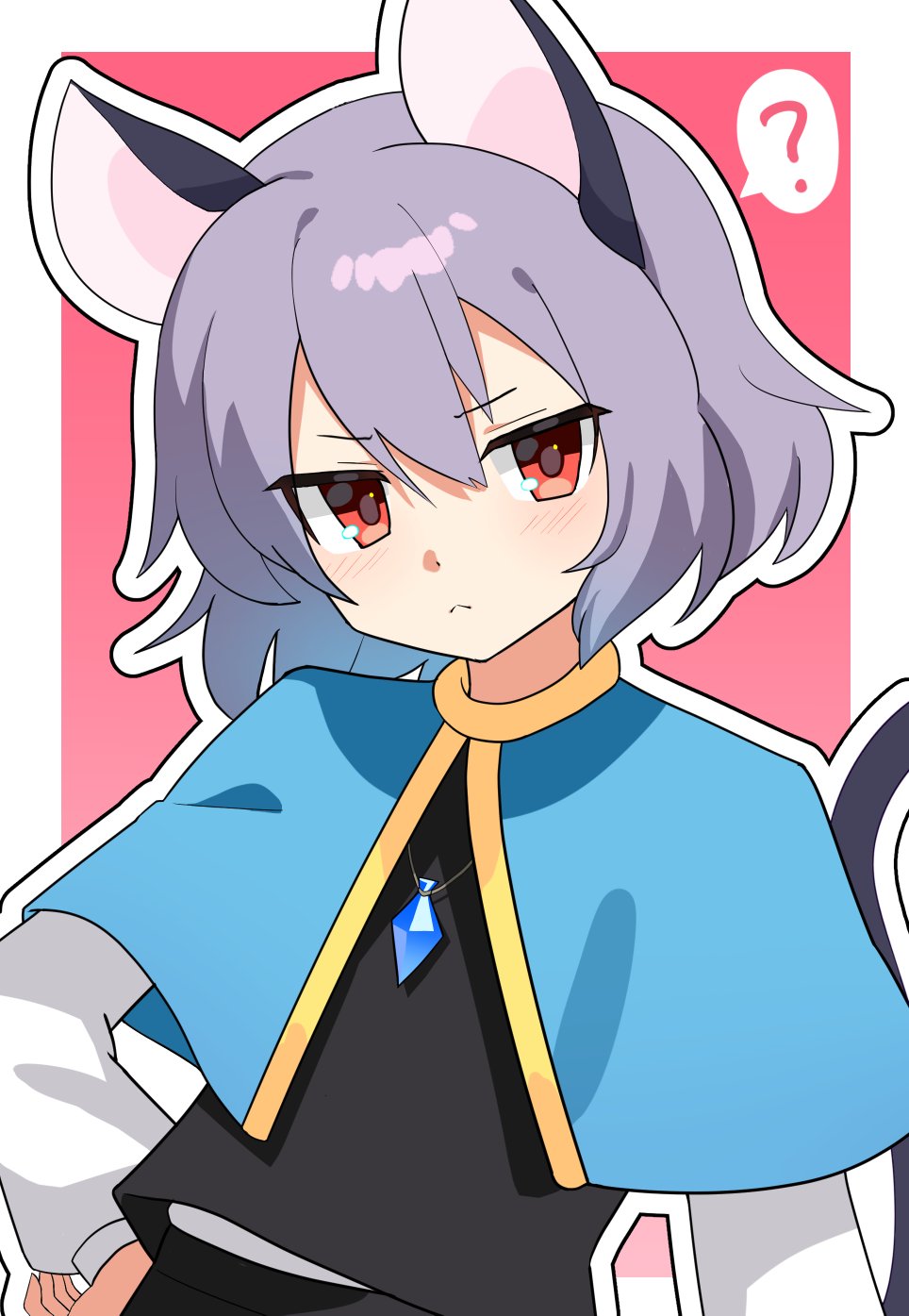 !, 1girl, animal_ears, black_vest, blue_capelet, blush, border, capelet