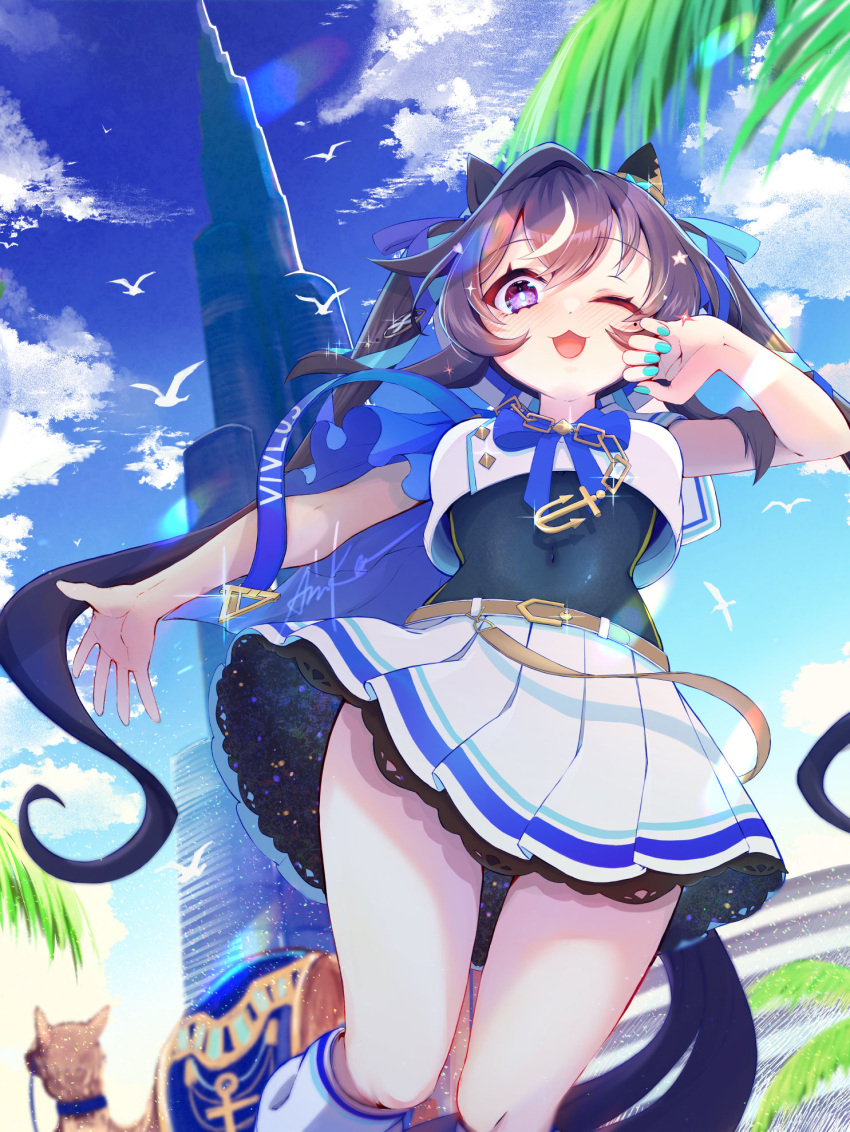 1girl, animal_ears, blurry, blurry_background, blush, breasts, brown_hair, building