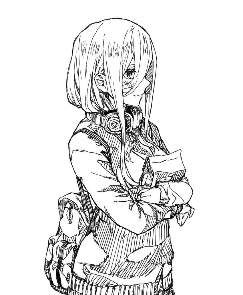 1girl, backpack, bag, breasts, cardigan, closed_mouth, commentary, crossed_arms