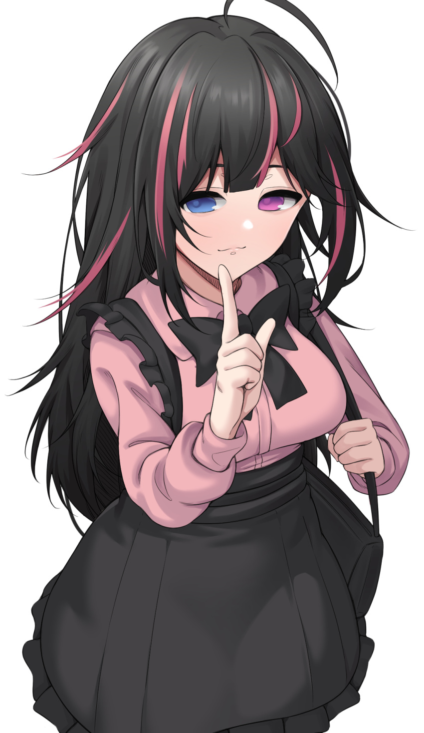 1girl, :3, act_(xadachit), alternate_costume, black_bow, black_bowtie, black_hair, black_skirt, blue_eyes, bow, bowtie, breasts, casual, collared_shirt, finger_to_mouth, girls'_frontline_neural_cloud, girls_frontline, hand_up, heterochromia, highres, long_hair, long_sleeves, looking_at_viewer, medium_breasts, medium_skirt, messy_hair, multicolored_hair, pink_eyes, pink_hair, pink_shirt, shirt, skirt, smile, solo, standing, streaked_hair, suspender_skirt, suspenders, two-tone_hair, vee_(neural_cloud), very_long_hair