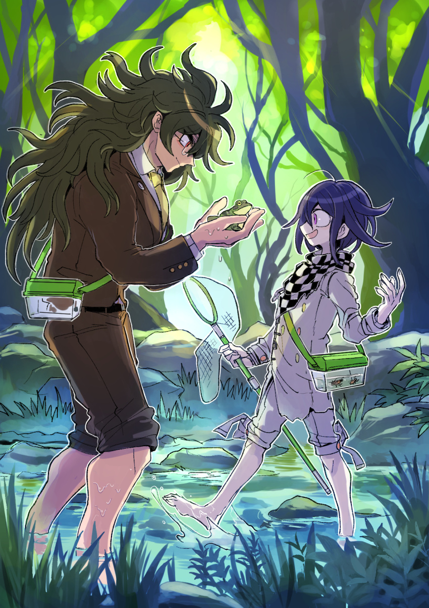 2boys, bare_tree, barefoot, belt, black_belt, brown_jacket, brown_pants, bug