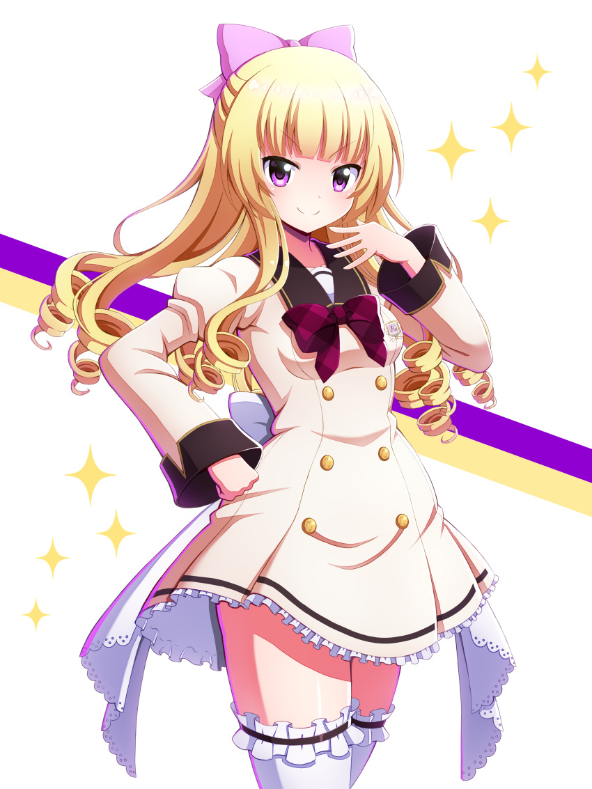1girl, absurdres, battle_girl_high_school, blonde_hair, bow, closed_mouth, dress, frilled_thighhighs