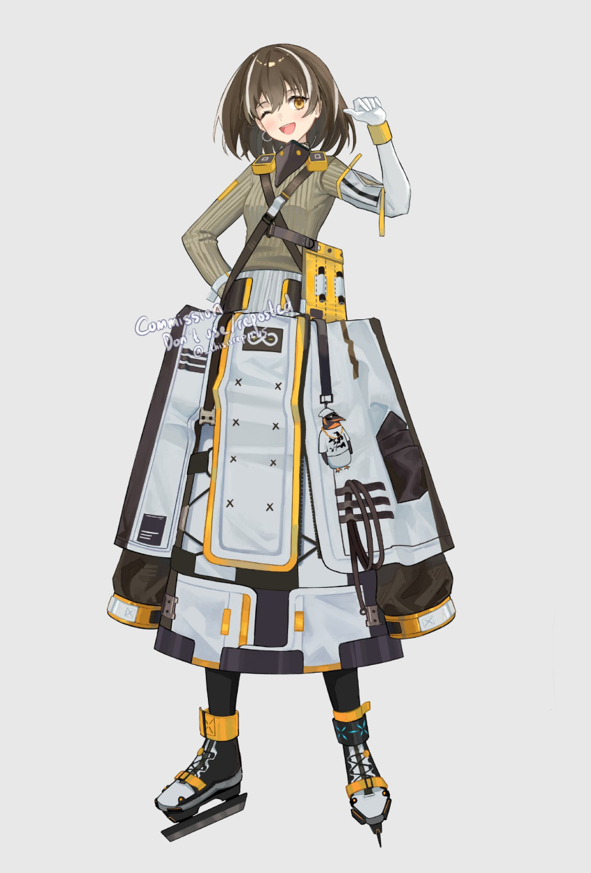 1girl, ;d, arknights, asymmetrical_sleeves, black_pantyhose, blush, brown_hair, charm_(object), coat, coat_around_waist, commission, earrings, emperor_(arknights), full_body, gloves, grey_background, grey_sweater, hair_between_eyes, highres, infection_monitor_(arknights), jewelry, long_sleeves, magallan_(arknights), mismatched_sleeves, multicolored_hair, one_eye_closed, open_mouth, pantyhose, pointing, pointing_at_self, rep120105, rhine_lab_logo, ribbed_sweater, roller_skates, short_hair, simple_background, single_earring, skates, smile, solo, standing, streaked_hair, sweater, twitter_username, watermark, white_coat, white_gloves, white_hair, white_sleeves, yellow_eyes