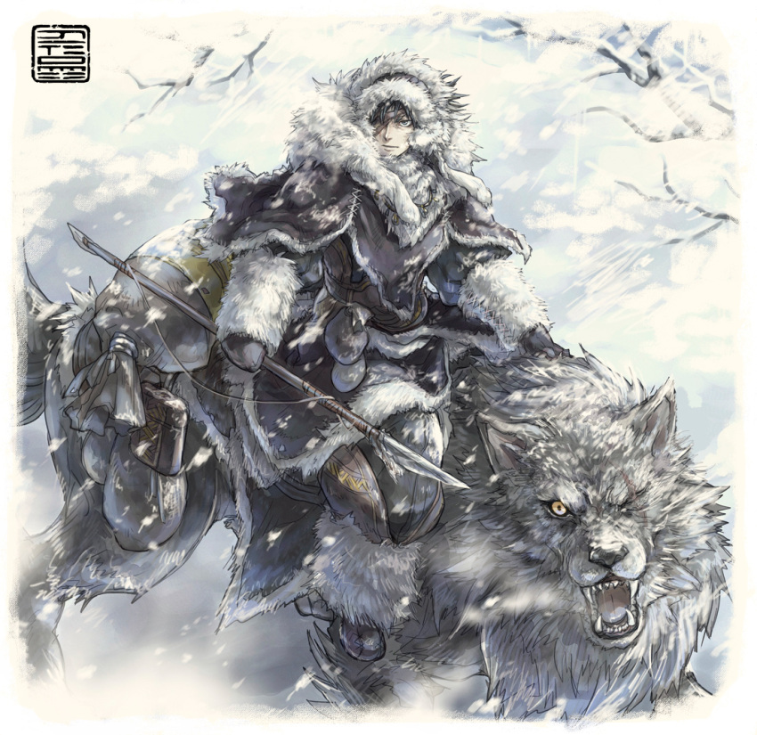 eyepatch, fangs, hagiya_kaoru, male, mittens, pixiv_fantasia, pixiv_fantasia_5, polearm, riding, snow, solo, weapon, winter, winter_clothes, wolf