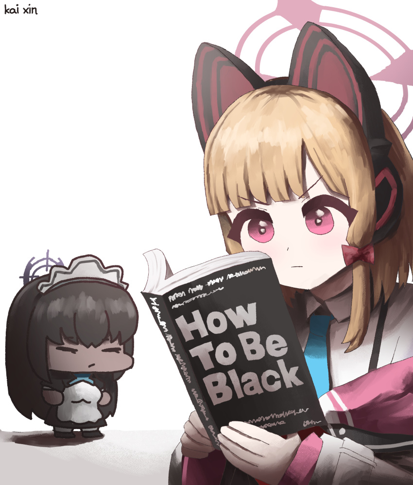 2girls, absurdres, animal_ear_headphones, animal_ears, blonde_hair, blue_archive, blunt_bangs, book