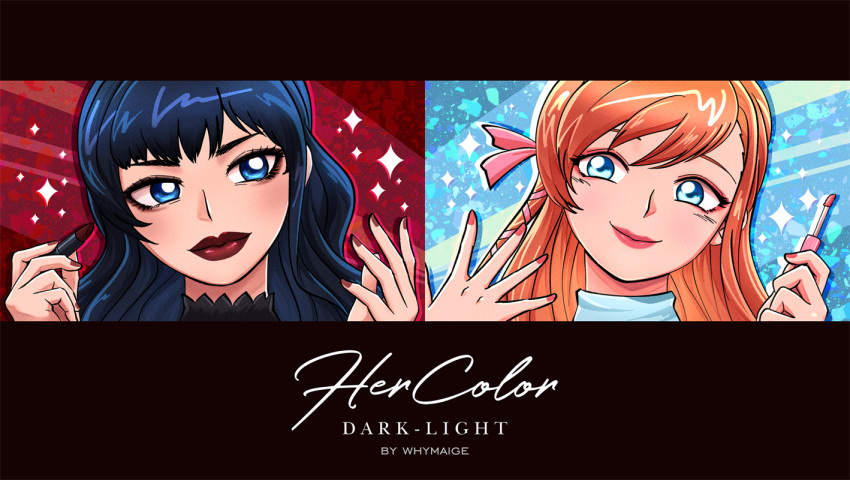 2girls, artist_name, black_hair, blue_eyes, cosmetics, drop_shadow, english_commentary, final_fantasy