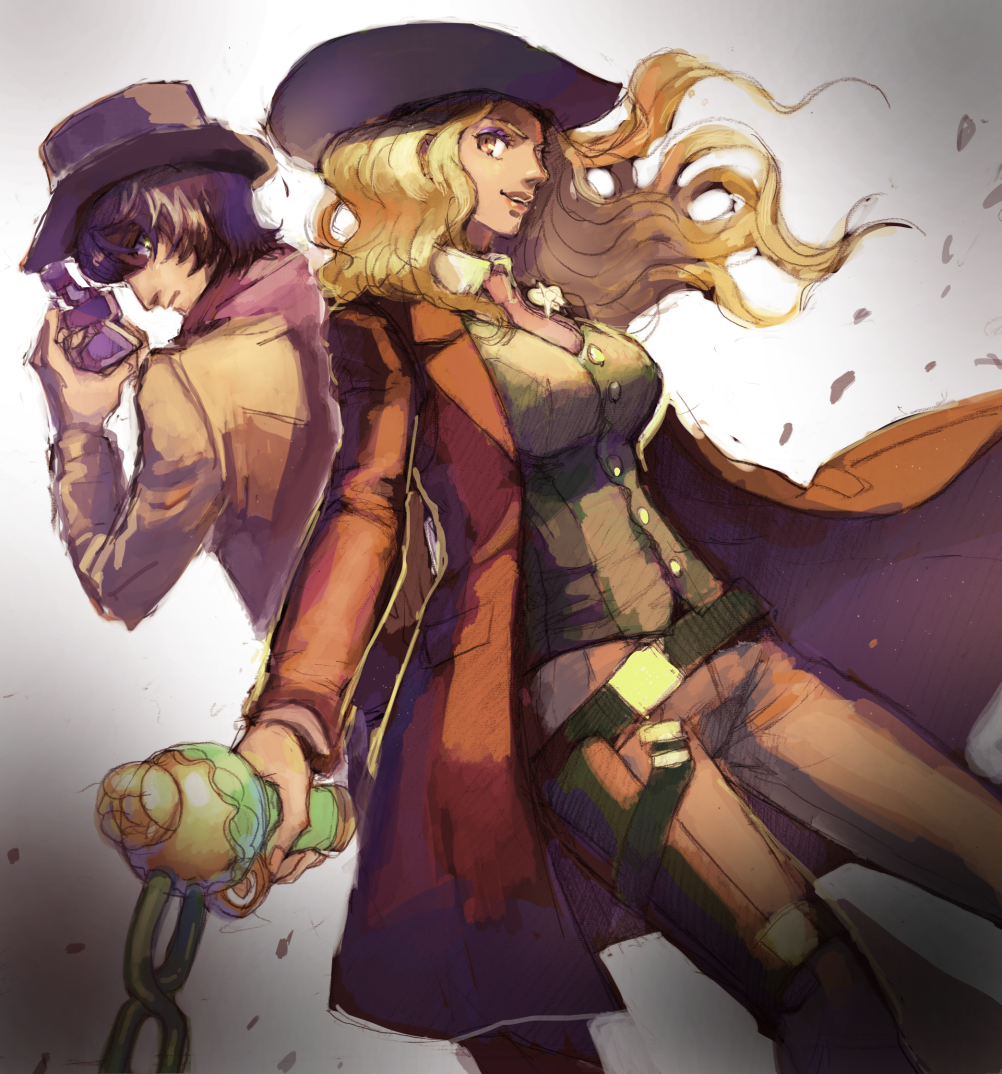 1boy, 1girl, back-to-back, blonde_hair, brown_coat, brown_pants, buttons, classicaloid
