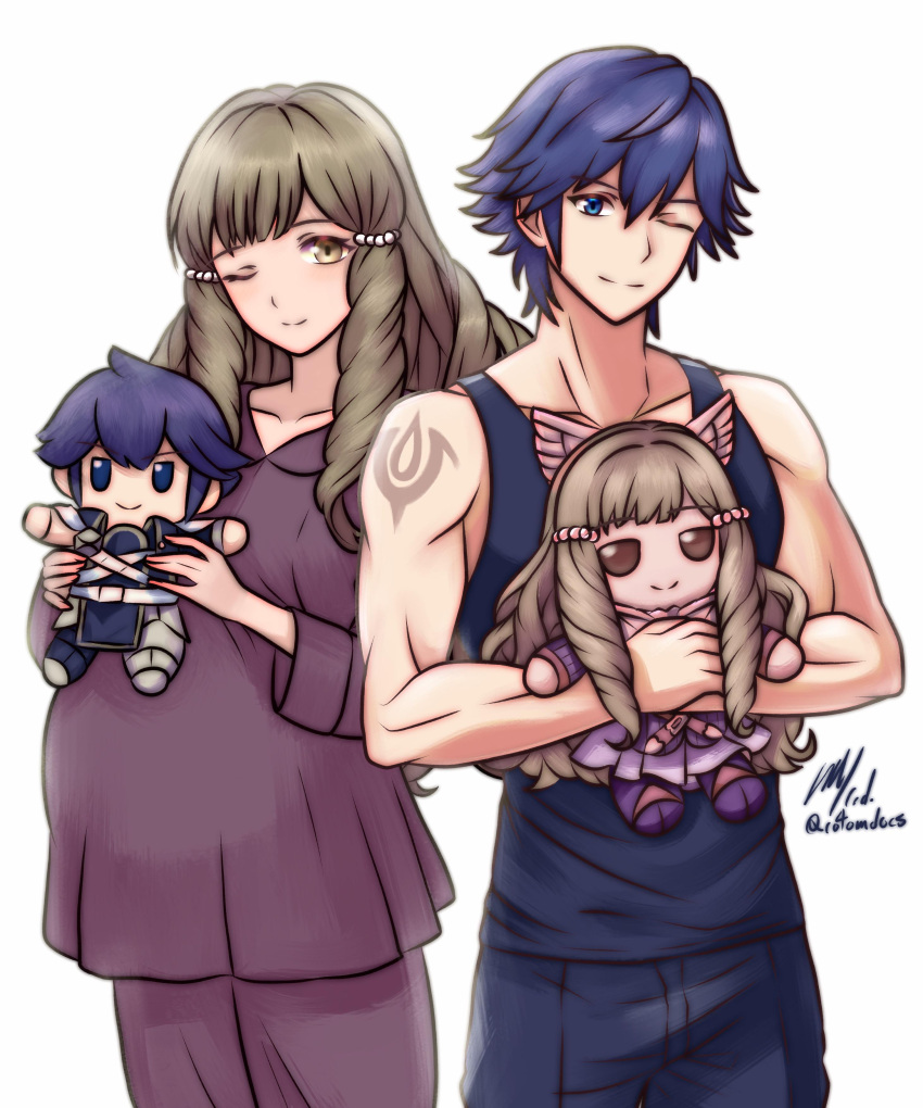 1boy, 1girl, ;), absurdres, artist_name, blue_pants, blue_tank_top, brand_of_the_exalt