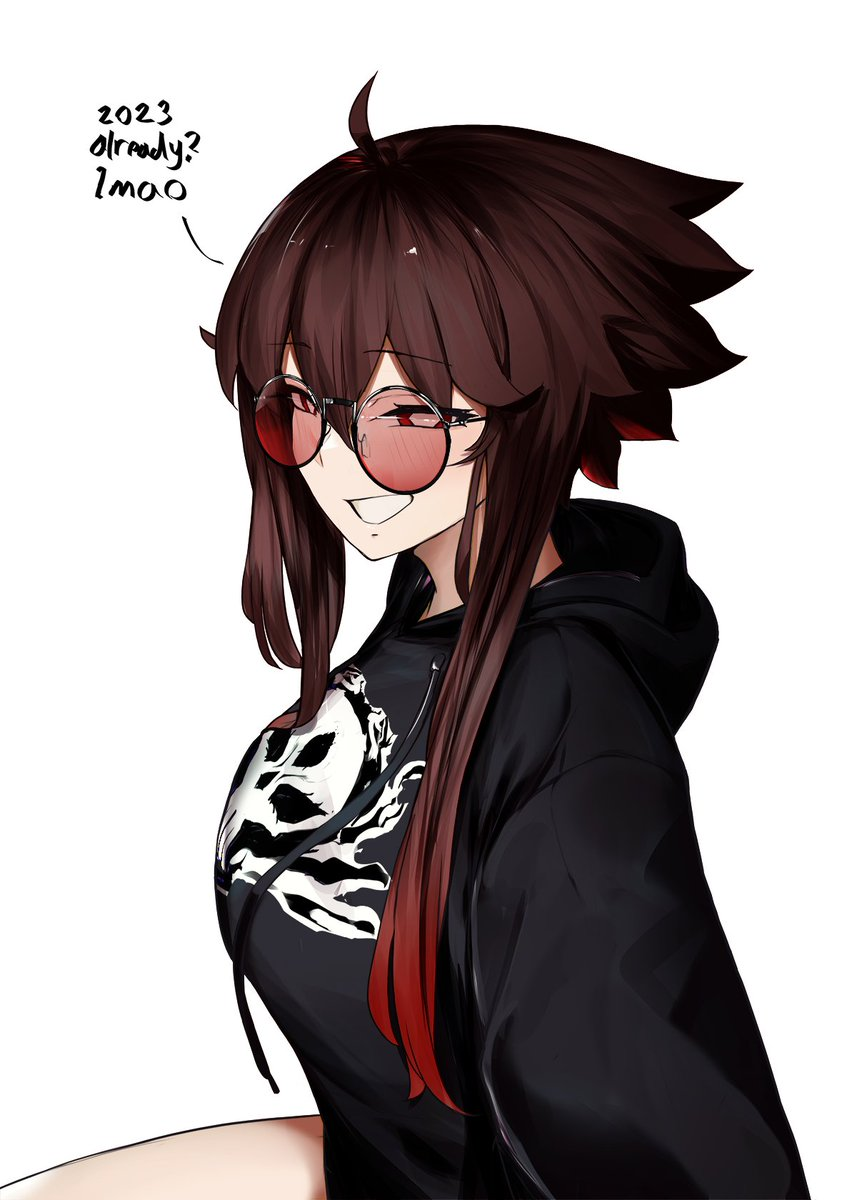 1girl, 2023, ahoge, black_hoodie, breasts, brown_hair, english_text, from_side