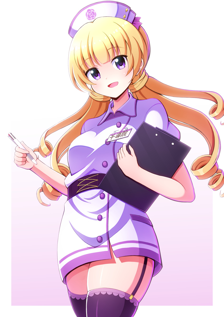 1girl, absurdres, battle_girl_high_school, blonde_hair, clipboard, dress, garter_straps, hat