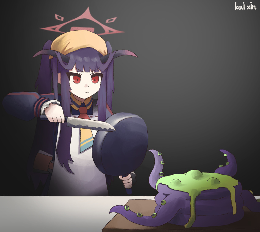 1girl, 1other, absurdres, apron, bandeusi!_madinneun_yorireul_haenaegetsseumnida_(meme), black_hair, blue_archive, blunt_bangs