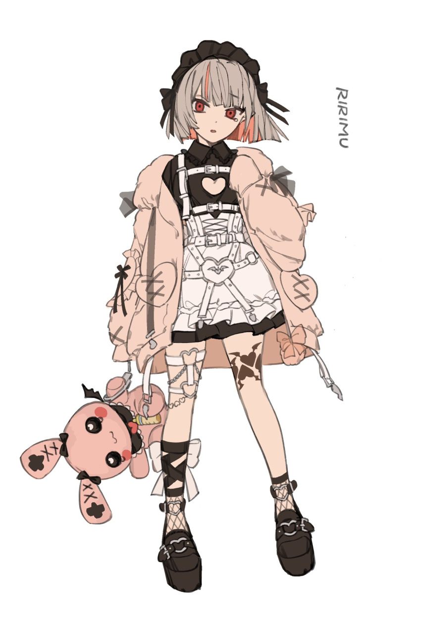 1girl, ankle_lace-up, ankle_ribbon, ankle_socks, ankle_strap, apron, asymmetrical_legwear, belt, black_dress, black_headdress, black_ribbon, black_shoes, blunt_bangs, bob_cut, chain, character_name, chest_harness, cleavage_cutout, clothing_cutout, collared_dress, colored_inner_hair, corset, cross-laced_clothes, cross-laced_corset, cuffs, dress, fishnet_socks, fishnets, flat_chest, frilled_jacket, frilled_shirt_collar, frills, full_body, grey_hair, handcuffs, harness, heart, heart_cutout, heart_o-ring, highres, jacket, leg_ribbon, leg_tattoo, looking_at_viewer, loose_belt, maid, maid_headdress, makaino_ririmu, makaino_ririmu_(5th_costume), medium_hair, moku_(kedr2558), multicolored_hair, multiple_belts, nijisanji, o-ring, o-ring_belt, o-ring_thigh_strap, open_clothes, open_jacket, parted_lips, pink_hair, pink_jacket, platform_shoes, pocket, pointy_ears, red_eyes, ribbon, shoes, short_dress, simple_background, sleeves_past_fingers, sleeves_past_wrists, socks, solo, standing, streaked_hair, stuffed_animal, stuffed_rabbit, stuffed_toy, tattoo, tearing_up, thigh_strap, uneven_legwear, virtual_youtuber, waist_apron, white_apron, white_background, white_belt, white_corset, winged_heart, winged_heart_tattoo