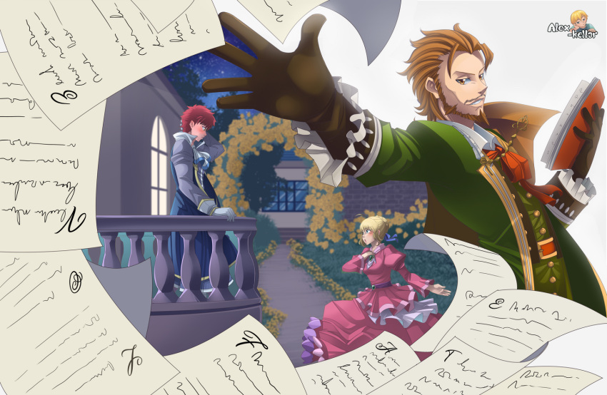 1girl, 2boys, ahoge, alex_kellar, alternate_costume, artist_name, artoria_pendragon_(fate), beard