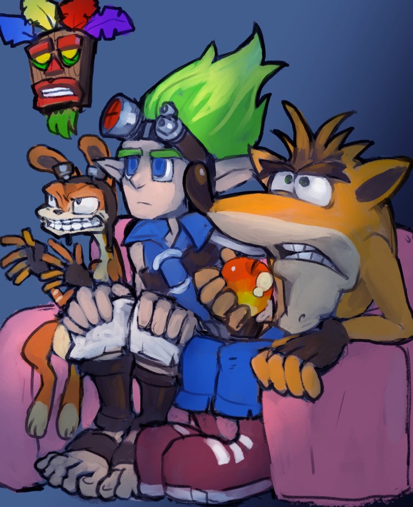 4boys, aku_aku, animal_ears, barefoot, black_gloves, closed_mouth, crash_bandicoot, crash_bandicoot_(series)