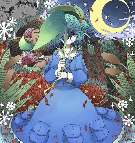 akiyama, blue_eyes, blue_hair, crescent_moon, kawashiro_nitori, lowres, moon, solo, tears, touhou