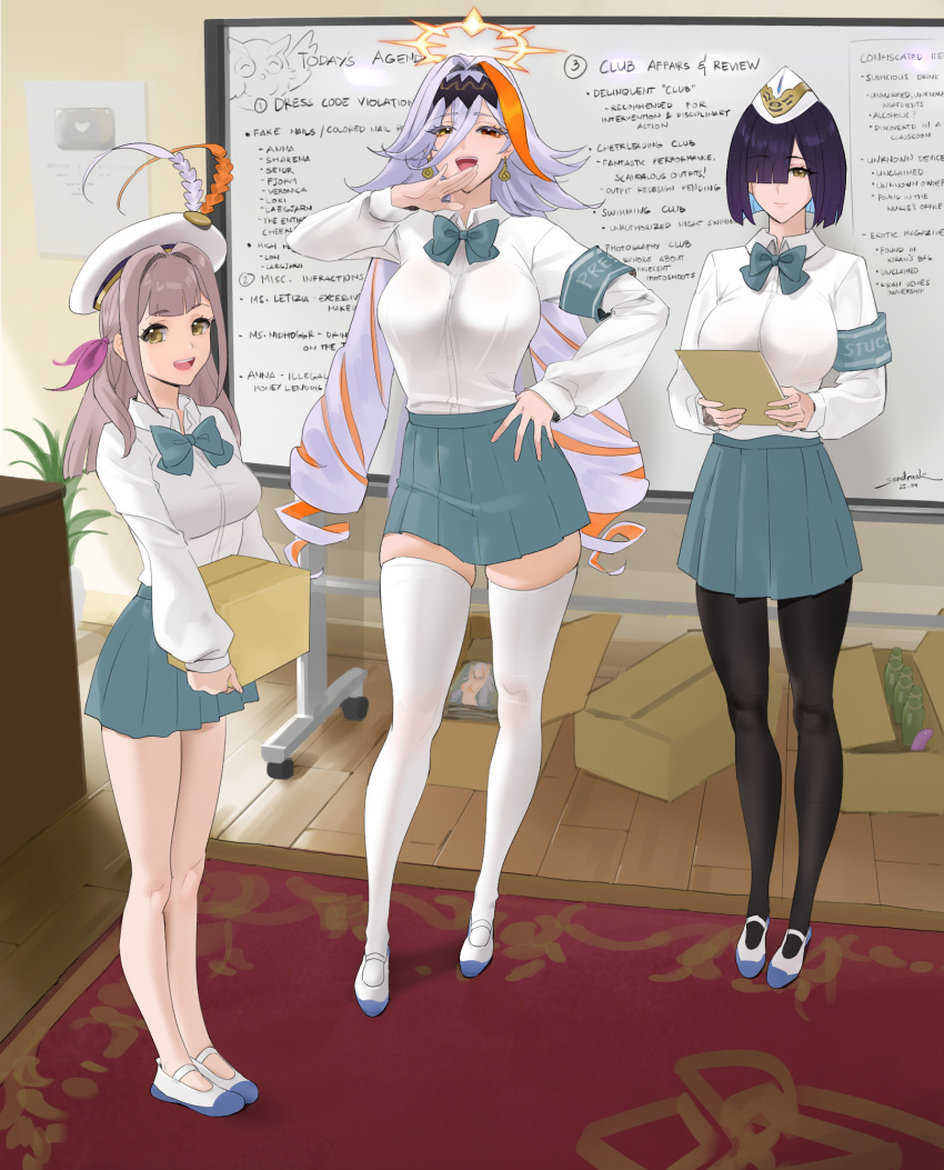 3girls, alternate_costume, armband, baldr_(fire_emblem_heroes), black_hair, blonde_hair, bob_cut, box