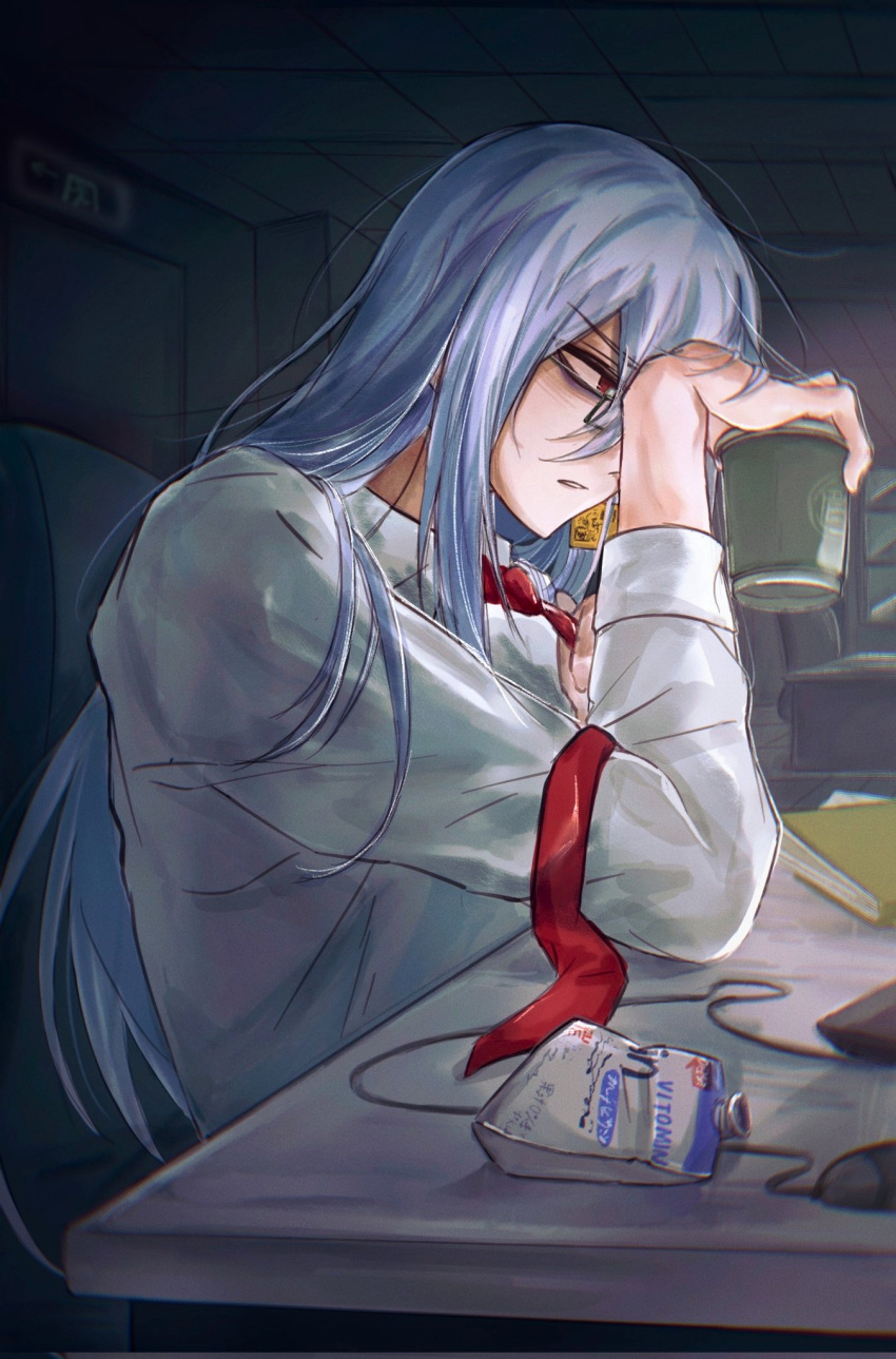 1boy, bags_under_eyes, collared_shirt, computer_mouse, cup, desk, disposable_coffee_cup, disposable_cup