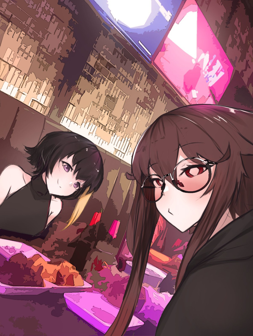 2girls, bar_(place), black_hair, blonde_hair, borrowed_character, brown_hair, food, glasses
