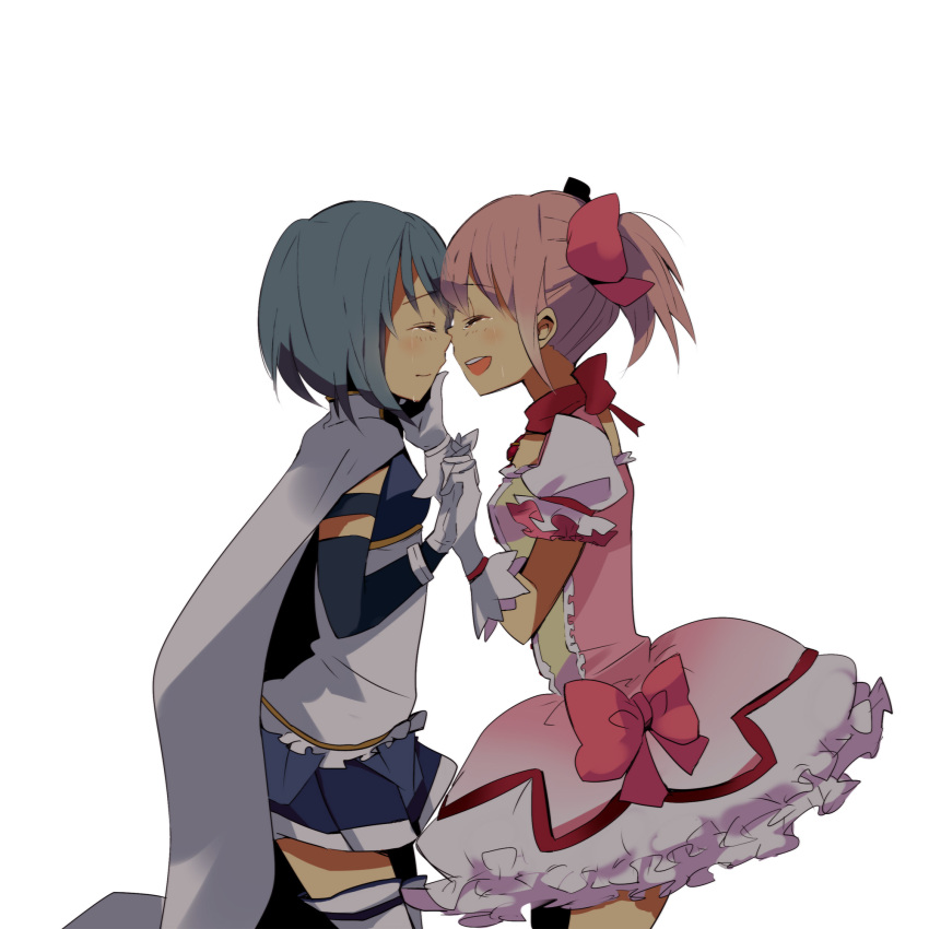 blue_hair, bow, bubble_skirt, cape, closed_eyes, error, eyes_closed, face-to-face