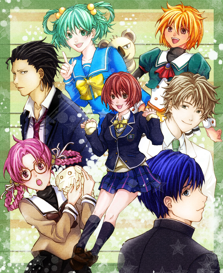 3boys, 4girls, :d, :o, aoki_chiharu, black_socks, blue_eyes, blue_hair, blue_skirt, bow, brown_bow, brown_hair, brown_shirt, brown_shoes, earrings, green_background, green_eyes, habataki_academy_school_uniform, hair_rings, hibikino_high_school_uniform, highres, ijuuin_mei, index_finger_raised, jewelry, kawai_rika_(tokimeki_memorial), kirameki_high_school_uniform, koala, loafers, long_sleeves, looking_back, multiple_boys, multiple_girls, nakaharaka, necktie, pink_hair, puffy_short_sleeves, puffy_sleeves, red_hair, red_necktie, sakurai_kouichi, school_uniform, shirt, shoes, short_hair, short_sleeves, skirt, smile, socks, tatebayashi_miharu, tokimeki_memorial, tokimeki_memorial_1, tokimeki_memorial_2, tokimeki_memorial_3, tokimeki_memorial_4, tokimeki_memorial_girl's_side, tokimeki_memorial_girl's_side_1st_love, tokimeki_memorial_girl's_side_2nd_kiss, tokimeki_memorial_girl's_side_3rd_story, wakaouji_takafumi, wrist_cuffs, yanagi_fumiko, yellow_bow