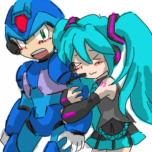 >_<, 1boy, 1girl, android, aqua_hair, aqua_necktie, arm_hug, armor