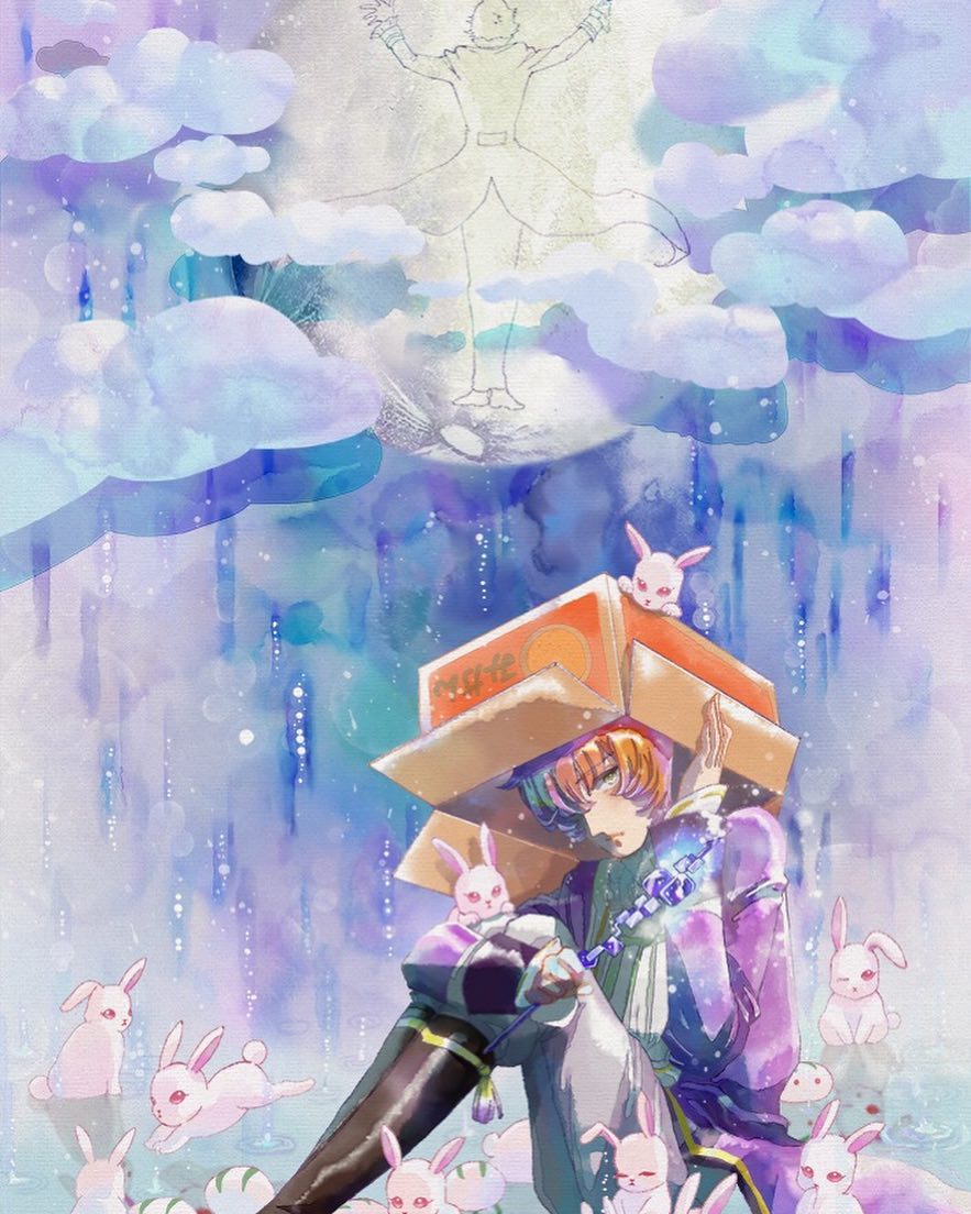 1boy, ascot, black_boots, bonmaru, boots, box, brown_hair, cardboard_box, classicaloid, closed_mouth, clouds, coat, conductor_baton, frederic_chopin_(classicaloid), full_moon, holding_baton, long_sleeves, looking_at_viewer, ludwig_van_beethoven_(classicaloid), male_focus, moon, purple_coat, rabbit, rain, raincloud, ripples, solo, white_ascot