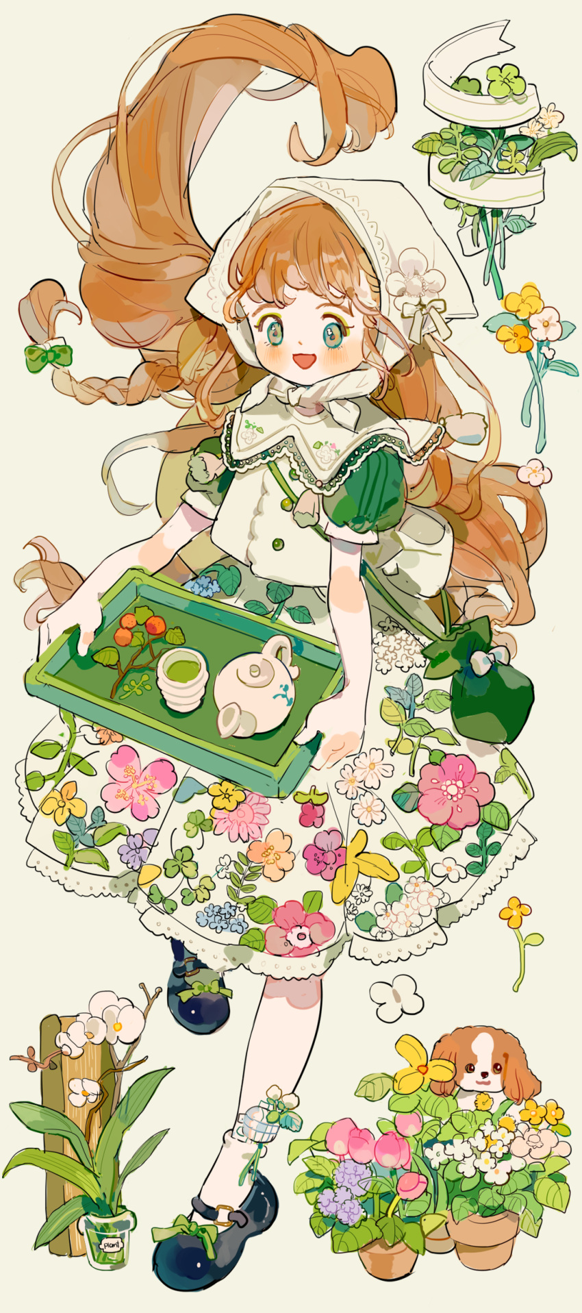 1girl, :d, absurdres, ankle_socks, apron, black_shoes, blue_eyes, blue_flower