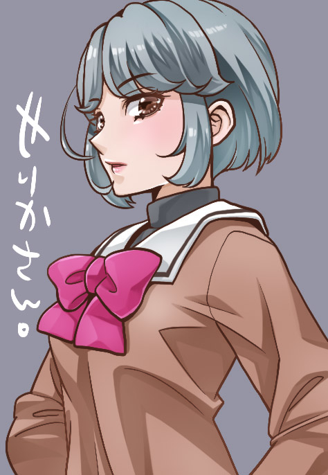 1girl, bow, brown_eyes, brown_shirt, grey_background, grey_hair, kamidou_arashi, red_bow