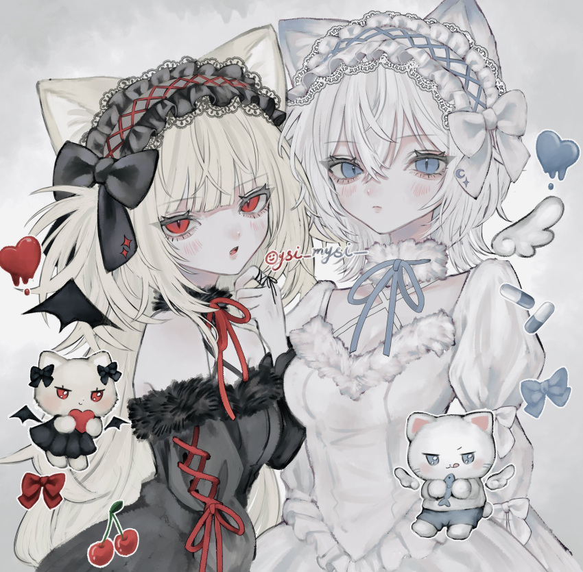 2girls, absurdres, aegyo_sal, angel, angel_wings, animal_ears, bare_shoulders, black_bow