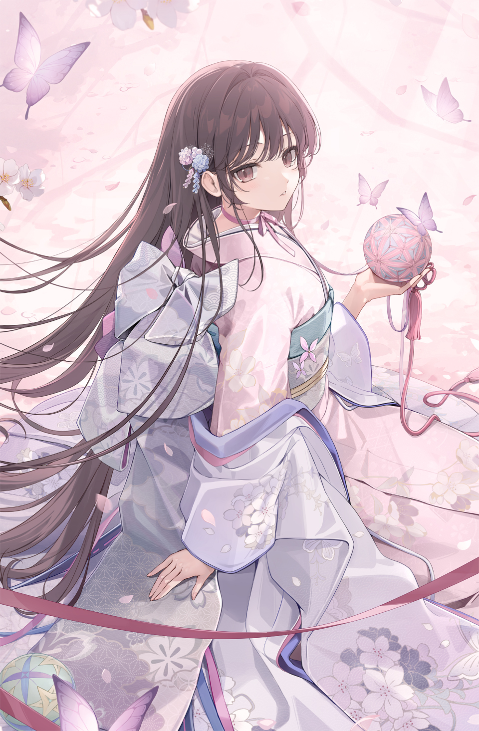 1girl, 6u_(eternal_land), ball, black_hair, bug, butterfly, floral_print, floral_print_kimono