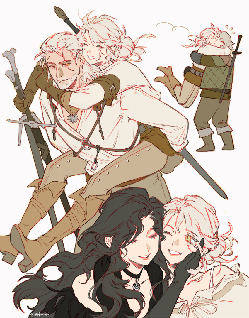 2boys, 2girls, :d, black_choker, black_hair, boots, carrying, cheek-to-cheek