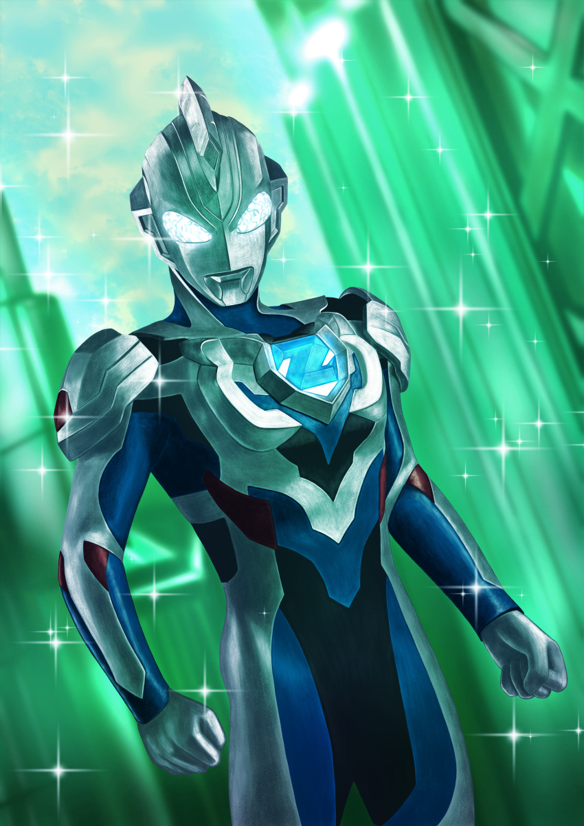 1boy, absurdres, alien, armor, black_skin, blue_skin, breastplate, clenched_hands