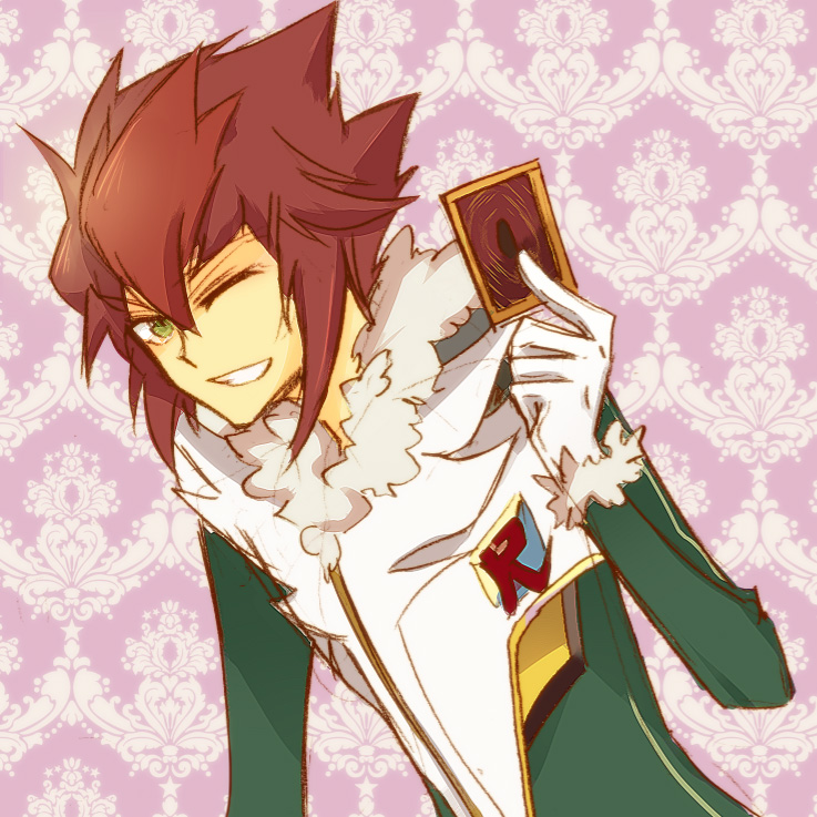 brave_(yugioh_5d's), brave_(yuu-gi-ou_5d's), brave_(yuu-gi-ou_5d's), brown_hair, card, gloves, green_eyes, heinicke, holding, holding_card, male, short_hair, smile, solo, wink, yu-gi-oh!, yuu-gi-ou, yuu-gi-ou_5d's, yuu-gi-ou_5d's
