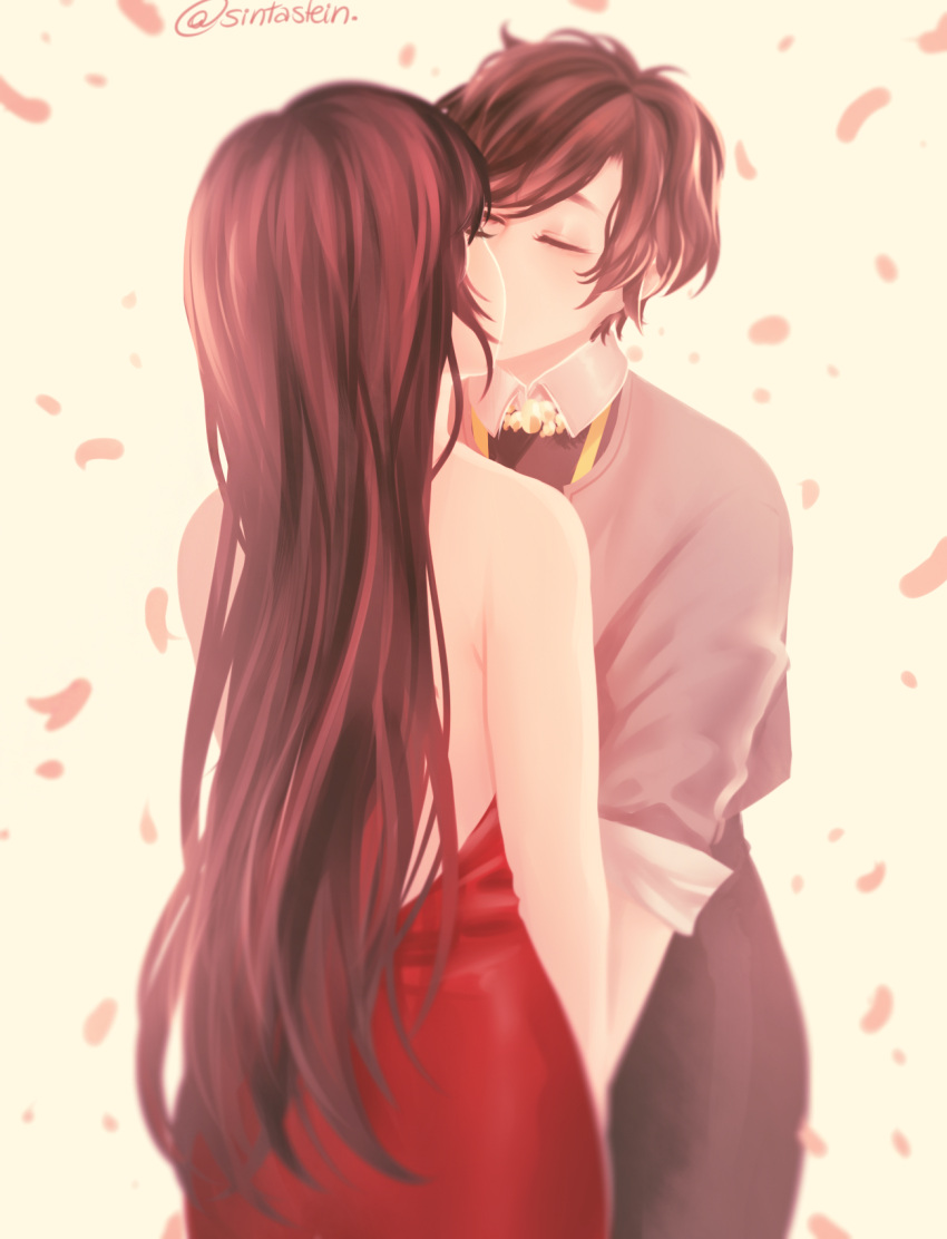 1boy, 1girl, backless_dress, backless_outfit, bishounen, black_pants, brown_hair, commentary