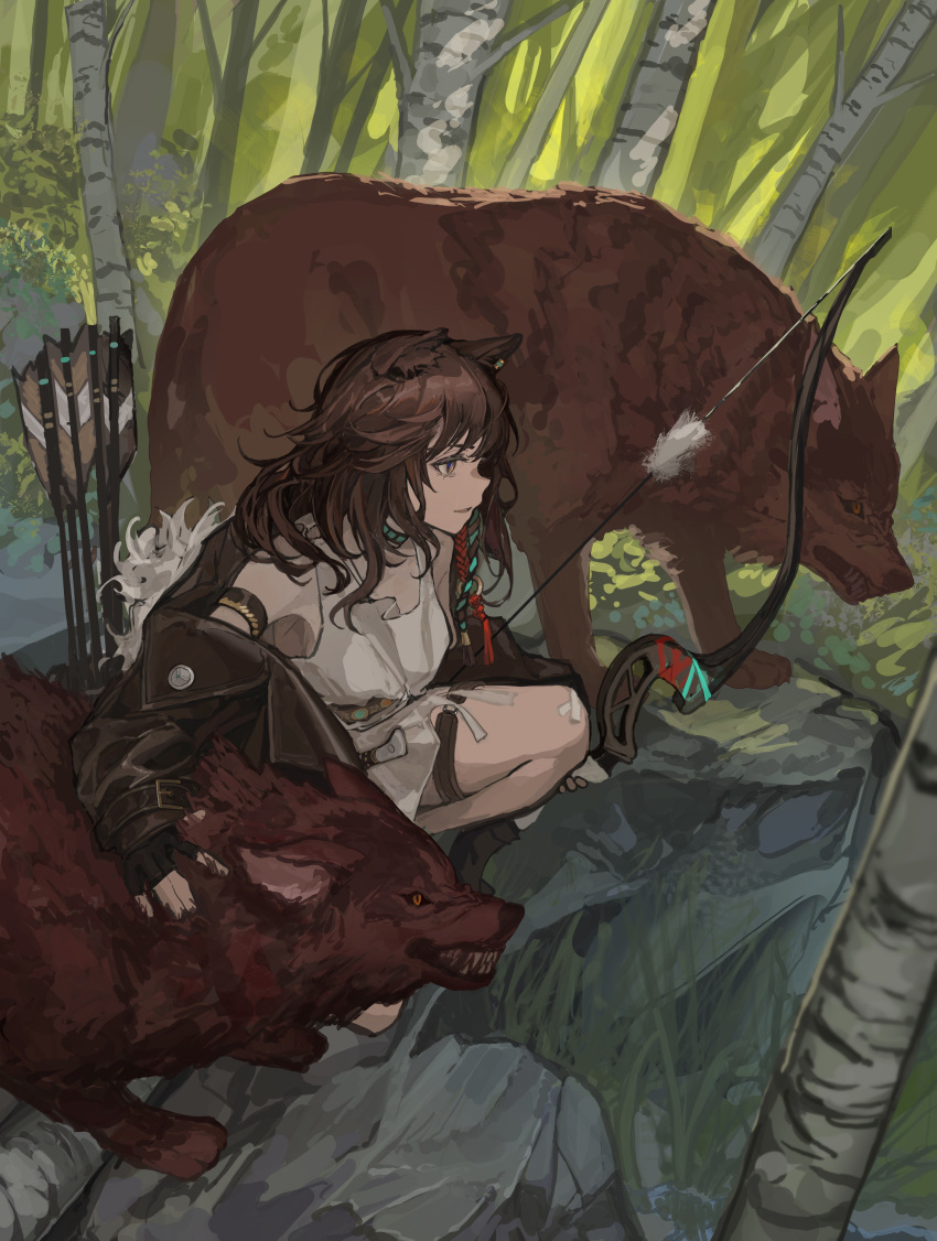 1girl, absurdres, animal, animal_ear_fluff, animal_ears, arknights, armband, arrow_(projectile)