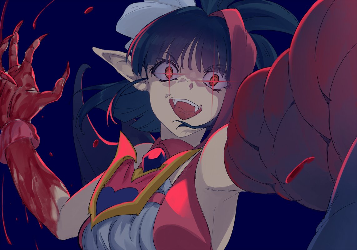 1girl, black_hair, blood, blood_on_hands, blue_hair, claws, fangs, looking_at_viewer