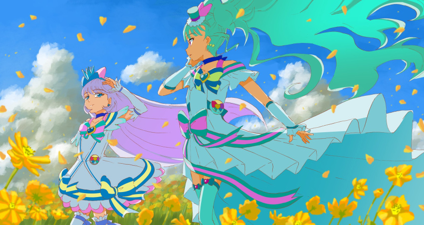 2girls, aqua_hair, aqua_thighhighs, arm_warmers, blue_dress, blue_eyes, bow, brooch, choker, clouds, crown, cure_lillian, cure_nyammy, day, dress, earrings, field, floating_hair, flower, flower_field, hair_bow, hairband, hat, heart, heart_brooch, high-low_dress, high_ponytail, highres, jewelry, kagekaku, long_hair, looking_at_another, magical_girl, mini_crown, mini_hat, multiple_girls, nekoyashiki_mayu, nekoyashiki_yuki, outdoors, petals, pleated_dress, ponytail, precure, sky, sleeveless, sleeveless_dress, smile, striped_bow, thigh-highs, very_long_hair, violet_eyes, white_dress, white_hair, white_thighhighs, wonderful_precure!, yellow_flower