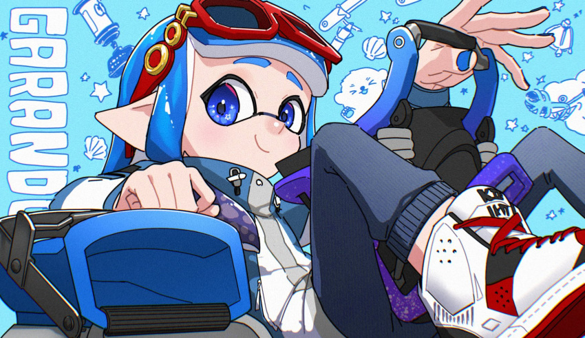 1girl, blue_background, blue_eyes, blue_hair, blue_jacket, blue_nails, blue_pants, closed_mouth