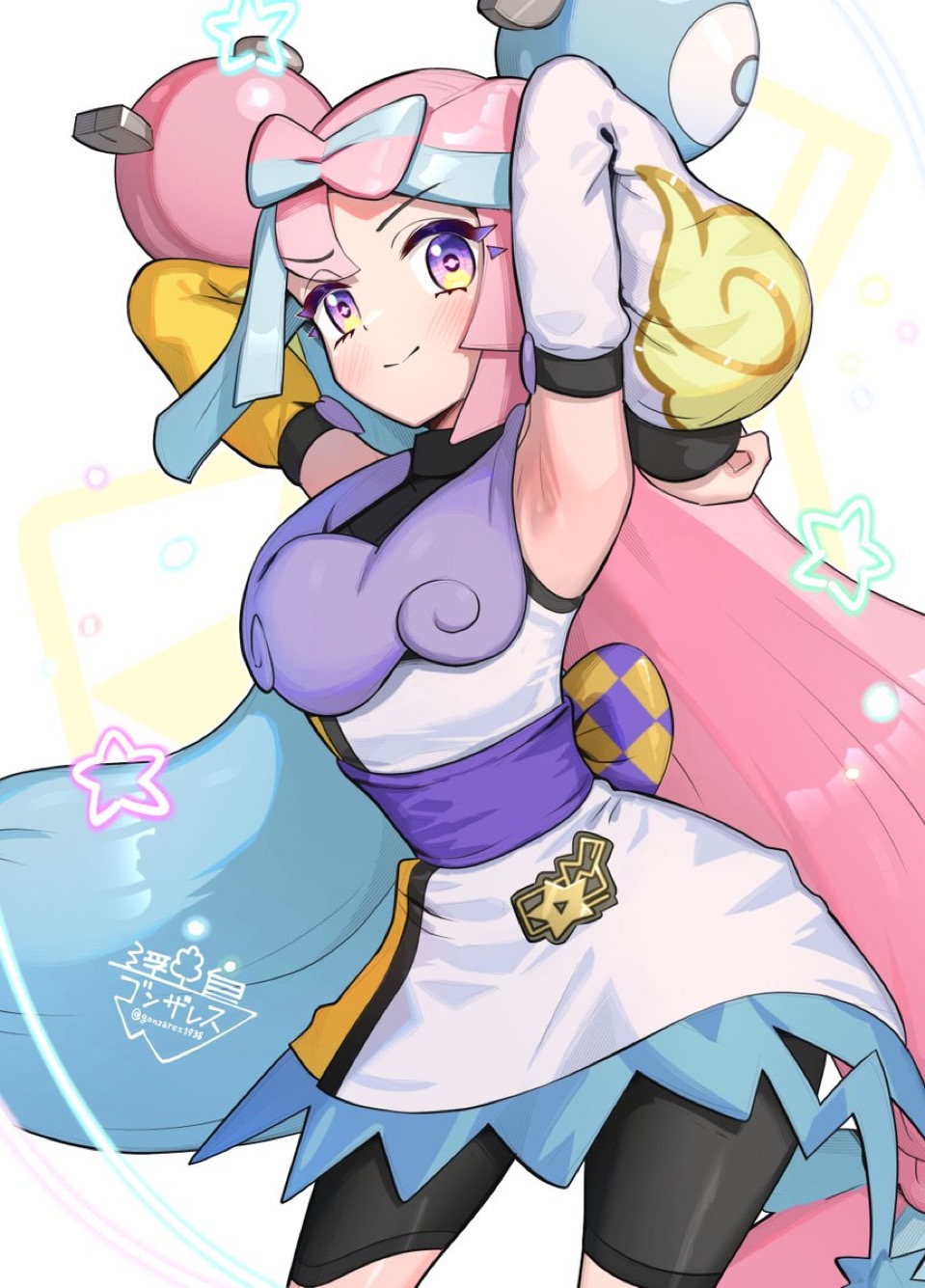 1girl, black_shorts, blue_hair, bow-shaped_hair, breasts, character_hair_ornament, closed_mouth, detached_sleeves