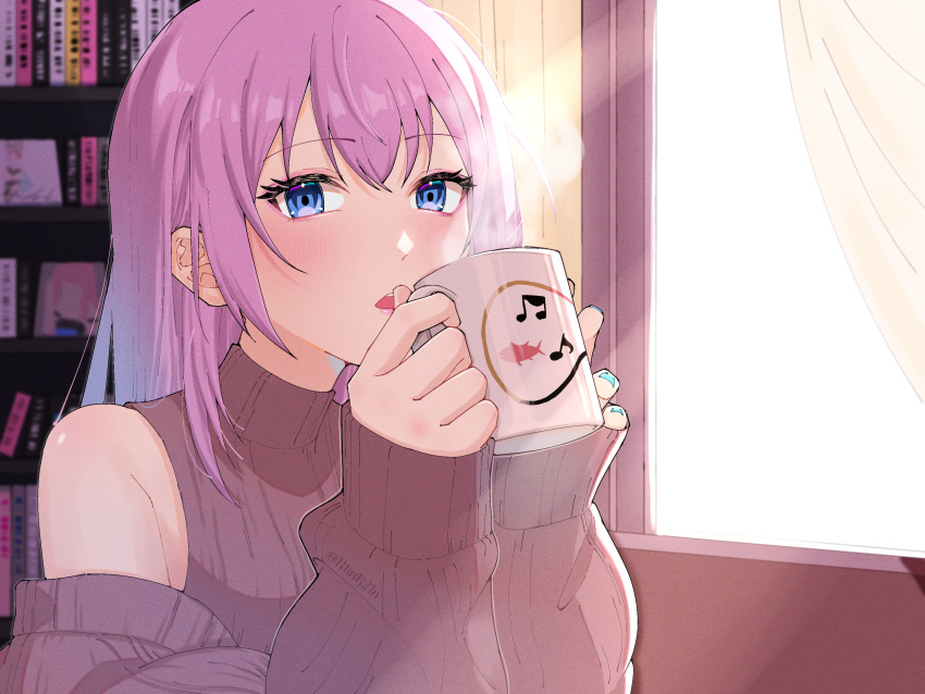 1girl, animal_print, blue_eyes, bookshelf, commentary_request, cup, curtains, fish_print