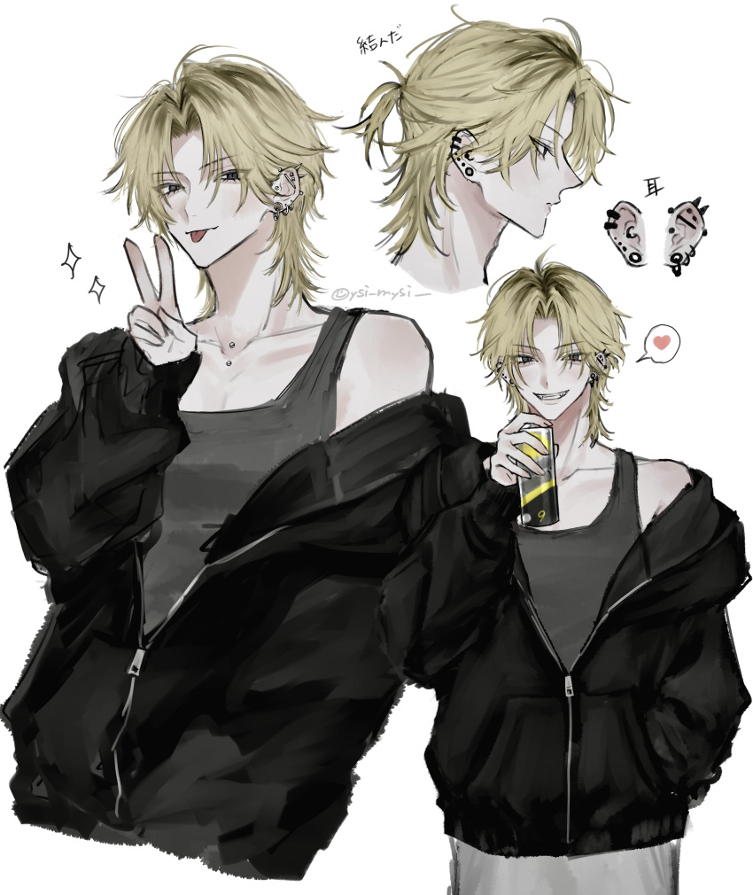 1boy, absurdres, bare_shoulders, black_jacket, black_tank_top, blonde_hair, can, closed_mouth