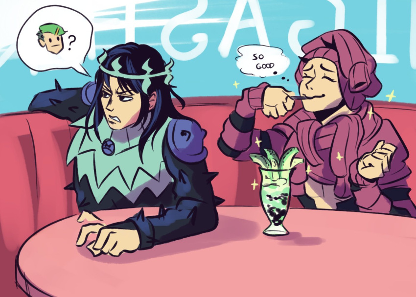 2boys, ?, beanie, belt, black_bridal_gauntlets, black_eyes, black_hair, black_shirt