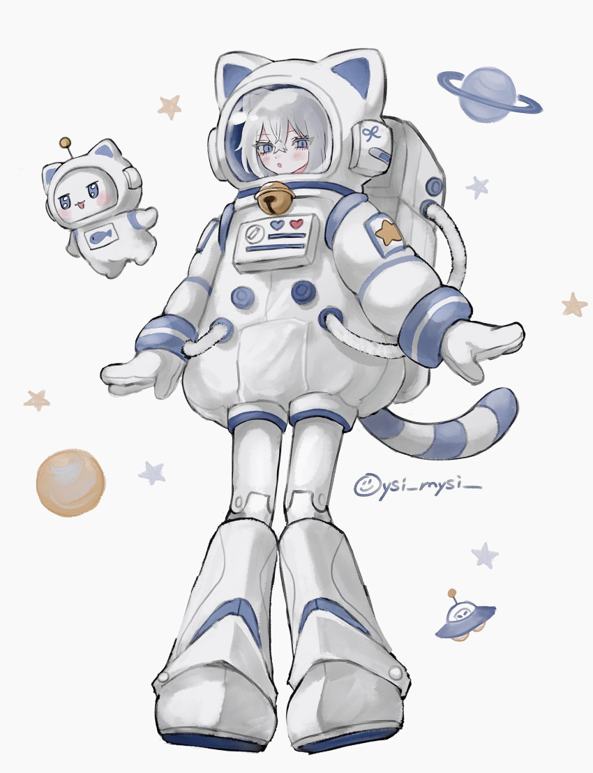 1girl, absurdres, animal_ears, animal_ears_helmet, animal_helmet, astronaut, bell, blue_eyes