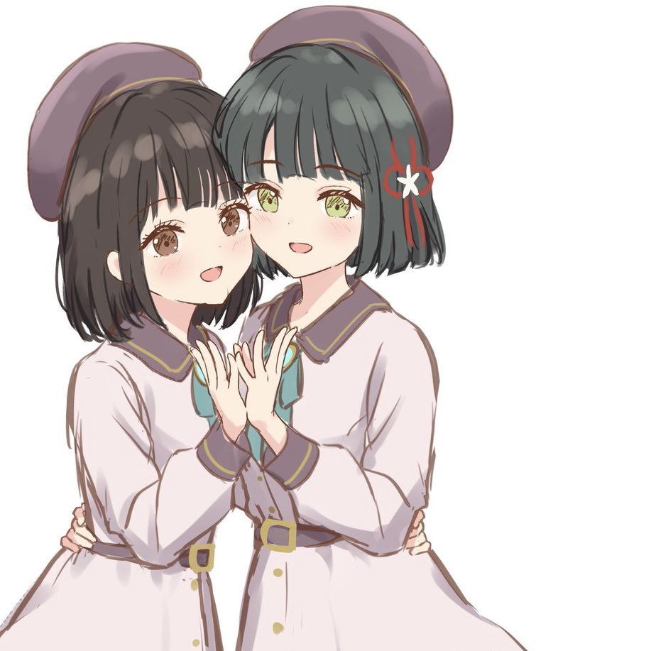 2girls, :d, animification, black_hair, blunt_bangs, blunt_ends, blush, bob_cut