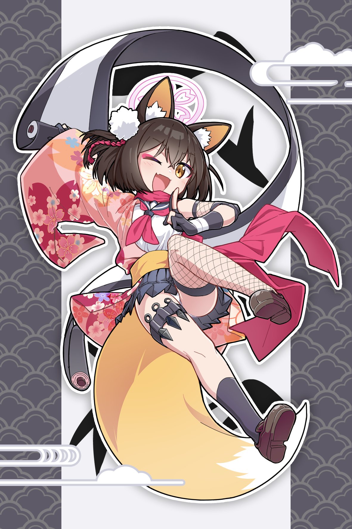 1girl, ;d, animal_ear_fluff, animal_ears, arm_up, asymmetrical_legwear, black_gloves, black_hair, black_skirt, black_socks, blue_archive, blush, border, brown_shoes, cherry_blossom_print, fingerless_gloves, fishnet_thighhighs, fishnets, floral_print, floral_print_kimono, fox_ears, fox_girl, fox_tail, full_body, gloves, grey_background, halo, hand_up, happy, hashtag-only_commentary, highres, holding, holding_scroll, izuna_(blue_archive), japanese_clothes, kimono, kuji-in, kunai, legs, loafers, looking_at_viewer, medium_hair, miniskirt, mismatched_legwear, needle_(574187457), ninja, obi, off_shoulder, one_eye_closed, one_side_up, open_mouth, outline, outside_border, panties, partially_fingerless_gloves, pink_halo, pink_kimono, pleated_skirt, print_kimono, sailor_collar, sash, school_uniform, scroll, serafuku, shirt, shoes, simple_background, single_sock, single_thighhigh, skirt, sleeveless, sleeveless_shirt, smile, socks, solo, tail, thigh-highs, thighs, underwear, upskirt, weapon, white_border, white_outline, white_panties, white_shirt, yellow_eyes