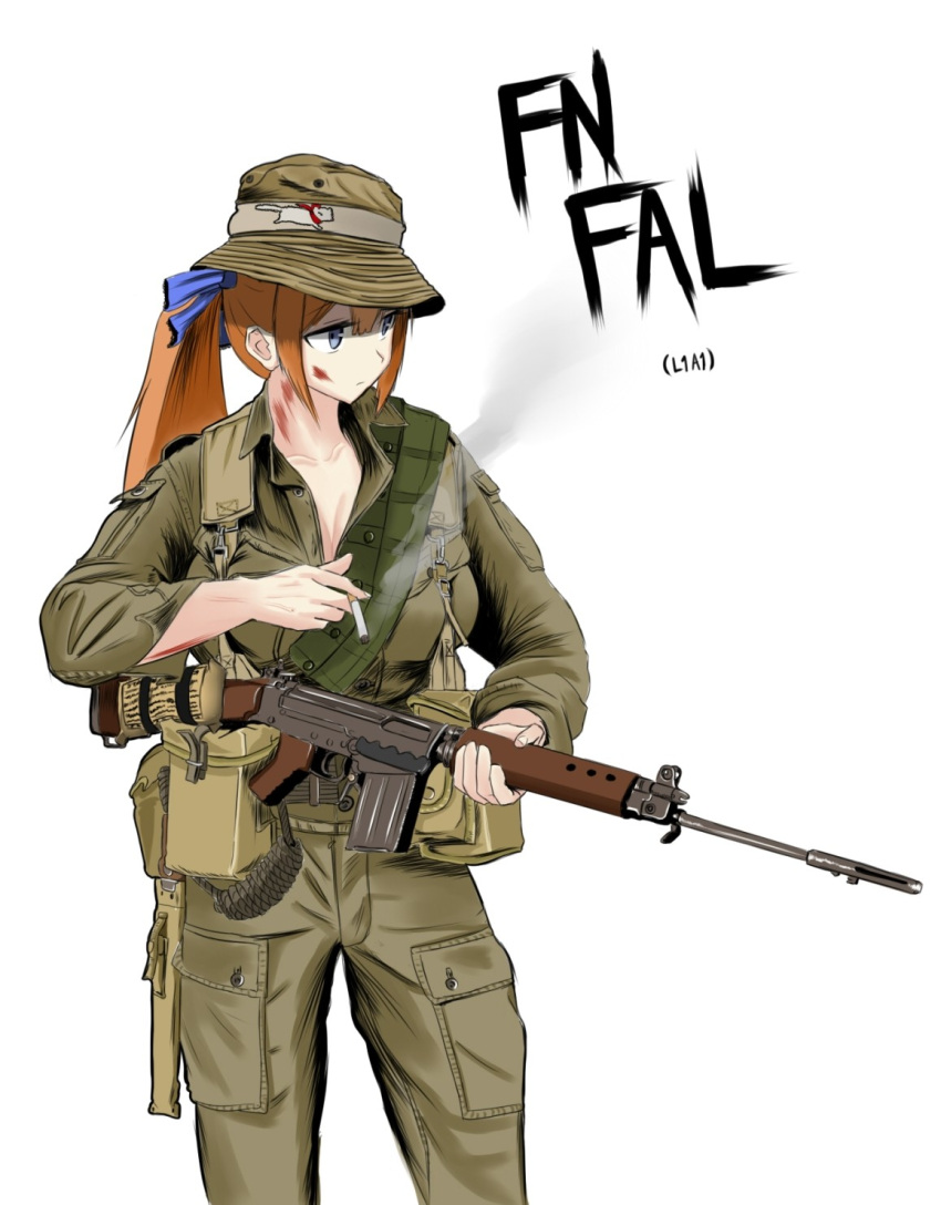 1girl, aninju6657, australian_army, battle_rifle, blood, blood_on_face, blue_eyes, boonie_hat, brown_hair, character_name, cigarette, fal_(girls'_frontline), ferret, fn_fal, girls_frontline, gun, hat, highres, korean_commentary, long_hair, military, military_hat, military_uniform, rifle, smoking, solo, vietnam_war, weapon