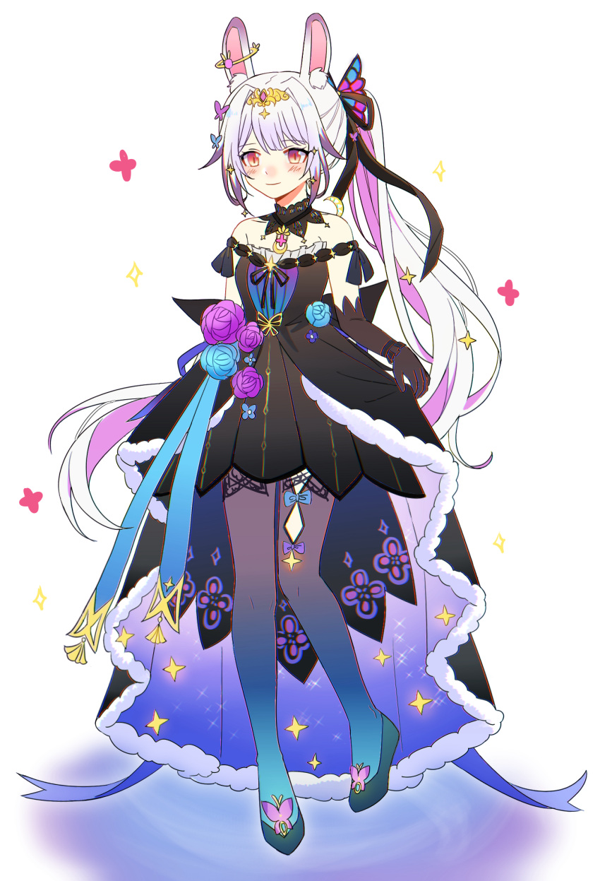 1girl, animal_ear_fluff, animal_ears, asymmetrical_legwear, bare_shoulders, black_dress, black_gloves, black_ribbon