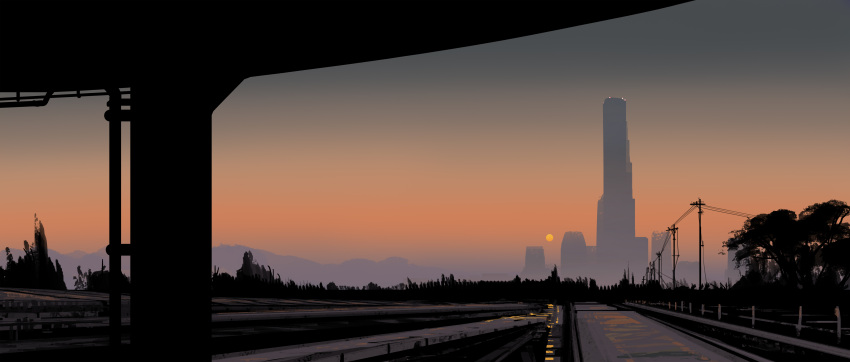 absurdres, building, gracile, gradient_sky, highres, mountainous_horizon, no_humans, original