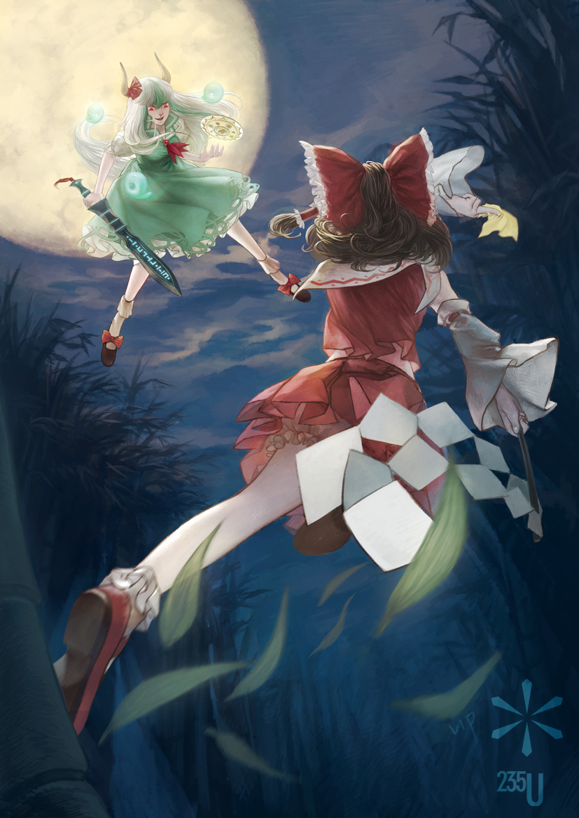 bamboo, bamboo_forest, battle, bow, brown_hair, detached_sleeves, ex-keine, forest